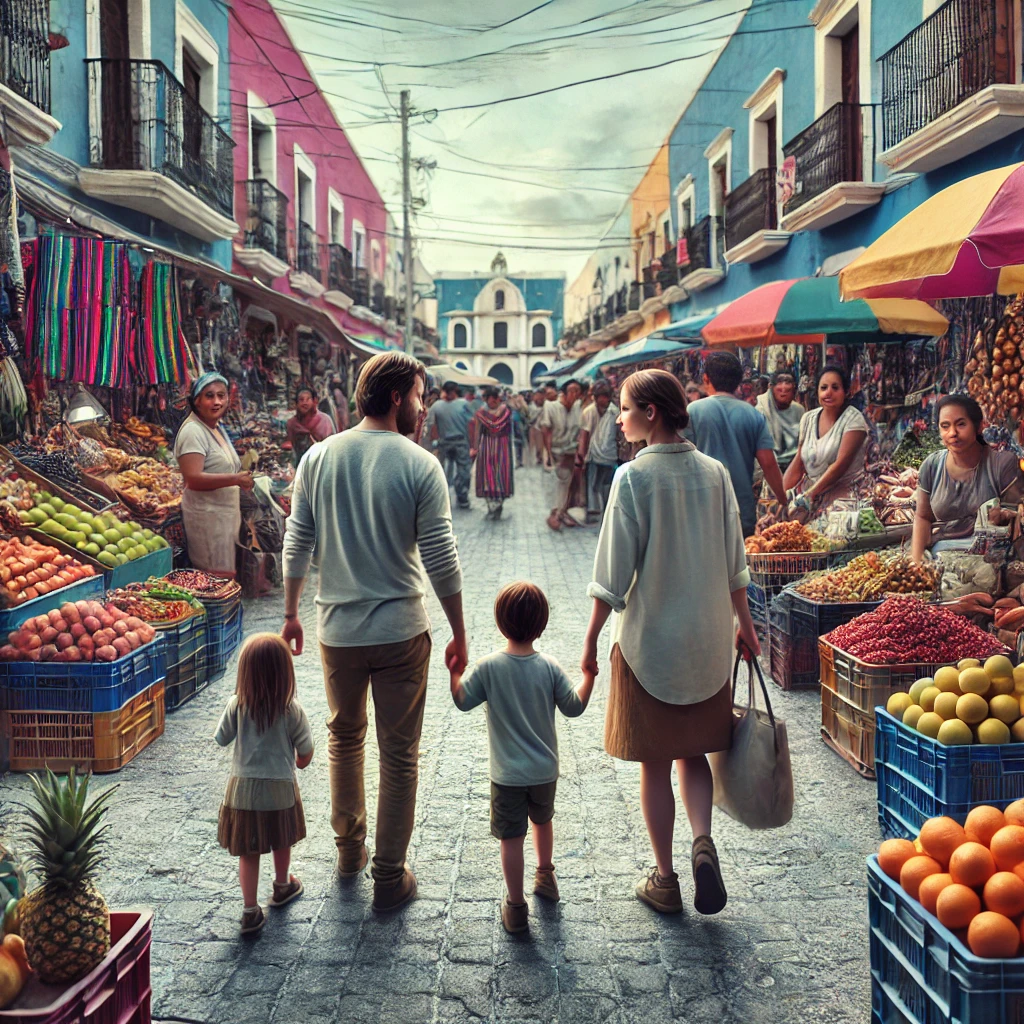 Family staying safe while exploring a market in Cancun, keeping kids close in crowded areas