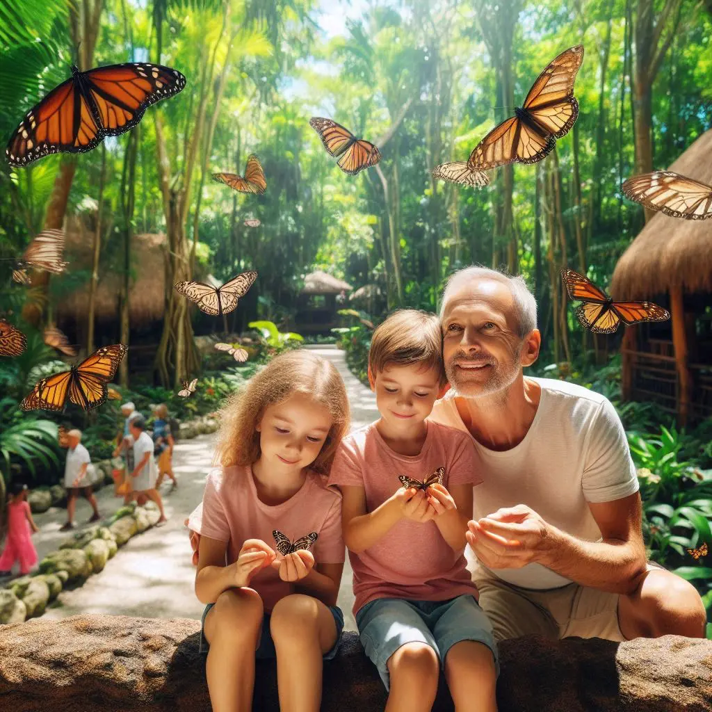 Family exploring the butterfly pavilion at Xcaret Park in Cancun, a top attraction for kids