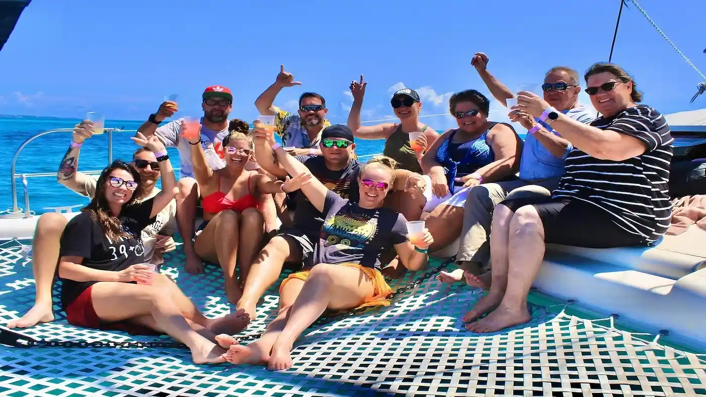 A group of tourist enjoy trip in catamaran to Isla Mujeres
